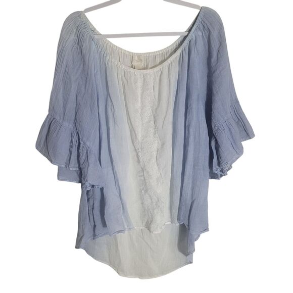 Chico's Off Shoulder Flutter Sleeve Lace Blouse Women's Large Blue White Beach - Picture 2 of 10
